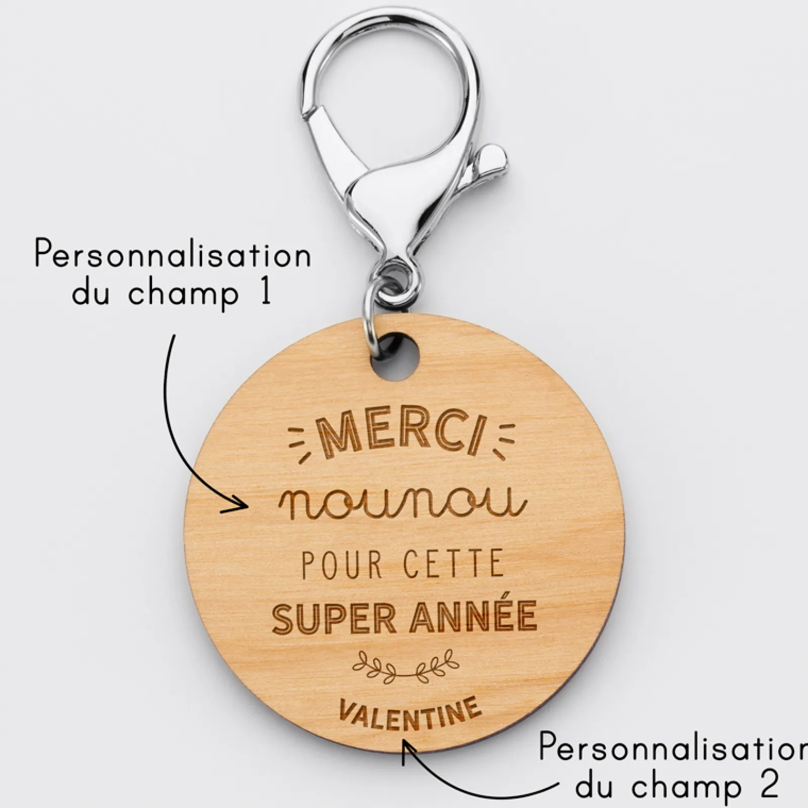 Discount HappyBulle Porte clé personnalisé gravée bois médaille ronde 50 mm - Merci Maîtresse