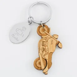 Best HappyBulle Porte clé personnalisé médaille gravée ovale acier et breloque bois moto
