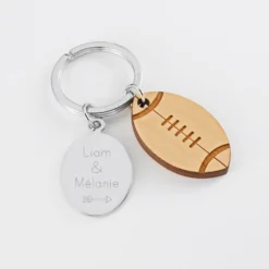 Sale HappyBulle Porte clé personnalisé médaille gravée ovale acier et breloque bois rugby