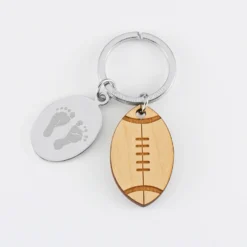 Sale HappyBulle Porte clé personnalisé médaille gravée ovale acier et breloque bois rugby