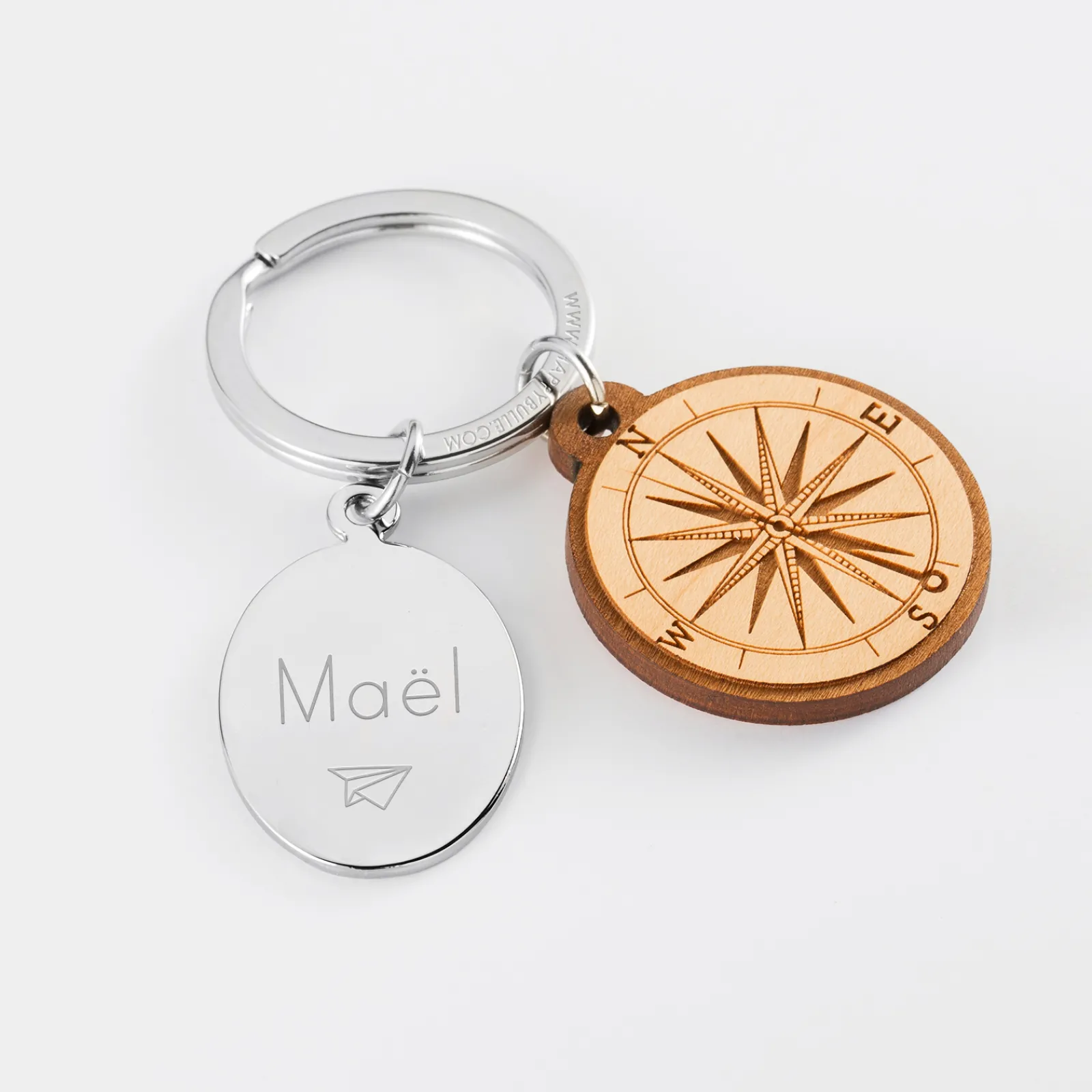 Clearance HappyBulle Porte clé personnalisé médaille gravée ovale acier et breloque bois boussole