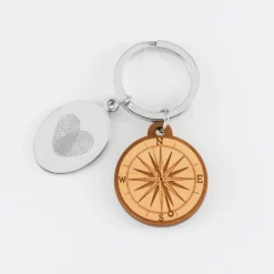 Clearance HappyBulle Porte clé personnalisé médaille gravée ovale acier et breloque bois boussole