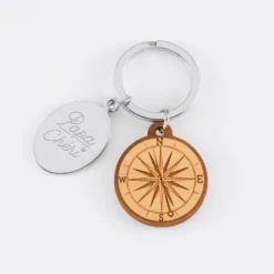 Clearance HappyBulle Porte clé personnalisé médaille gravée ovale acier et breloque bois boussole