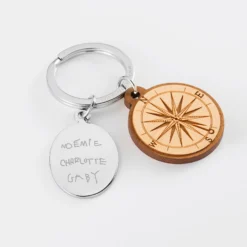 Clearance HappyBulle Porte clé personnalisé médaille gravée ovale acier et breloque bois boussole