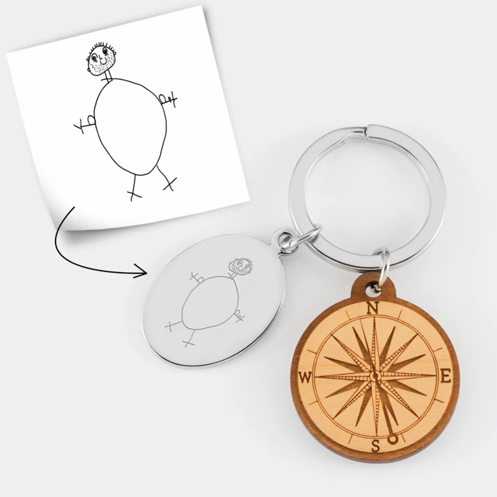 Clearance HappyBulle Porte clé personnalisé médaille gravée ovale acier et breloque bois boussole