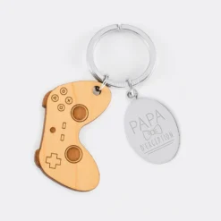 Outlet HappyBulle Porte clé personnalisé médaille gravée ovale acier et breloque bois jeux vidéo