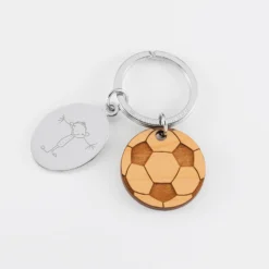 Outlet HappyBulle Porte clé personnalisé médaille gravée ovale acier et breloque bois foot