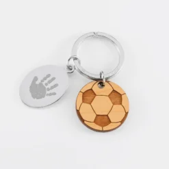 Outlet HappyBulle Porte clé personnalisé médaille gravée ovale acier et breloque bois foot