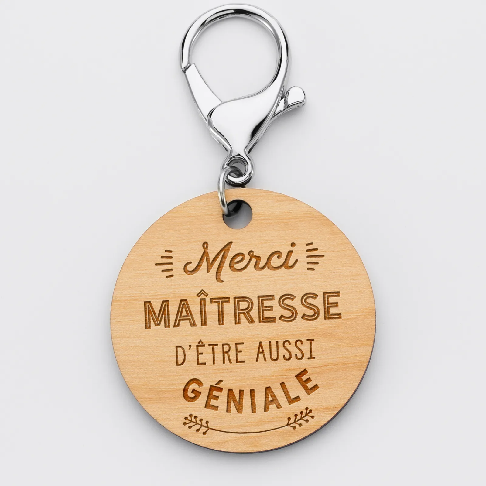 Outlet HappyBulle Porte-clés gravé bois médaille ronde 50 mm - Edition spéciale "Merci Maîtresse"