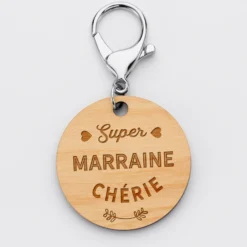 HappyBulle Porte-clés gravé bois médaille ronde 50 mm - Edition spéciale "Super Marraine"