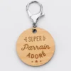 New HappyBulle Porte-clés gravé bois médaille ronde 50 mm - Edition spéciale "Super Parrain"