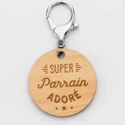 New HappyBulle Porte-clés gravé bois médaille ronde 50 mm - Edition spéciale "Super Parrain"