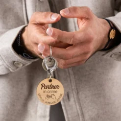 New HappyBulle Porte-clés personnalisé gravé bois médaille ronde 50 mm Marié