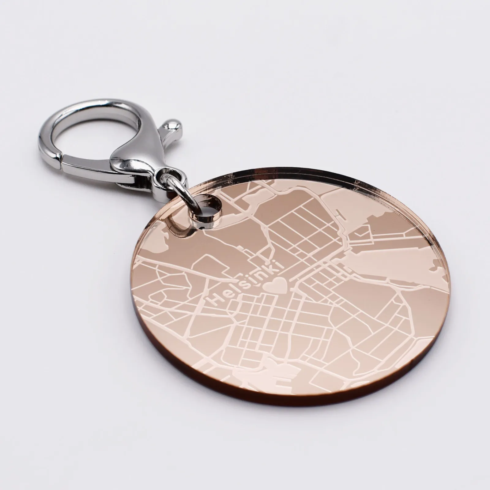 Sale HappyBulle Porte-clés personnalisé gravé acrylique gold médaille ronde 50 mm "Géo map" Miroir rose