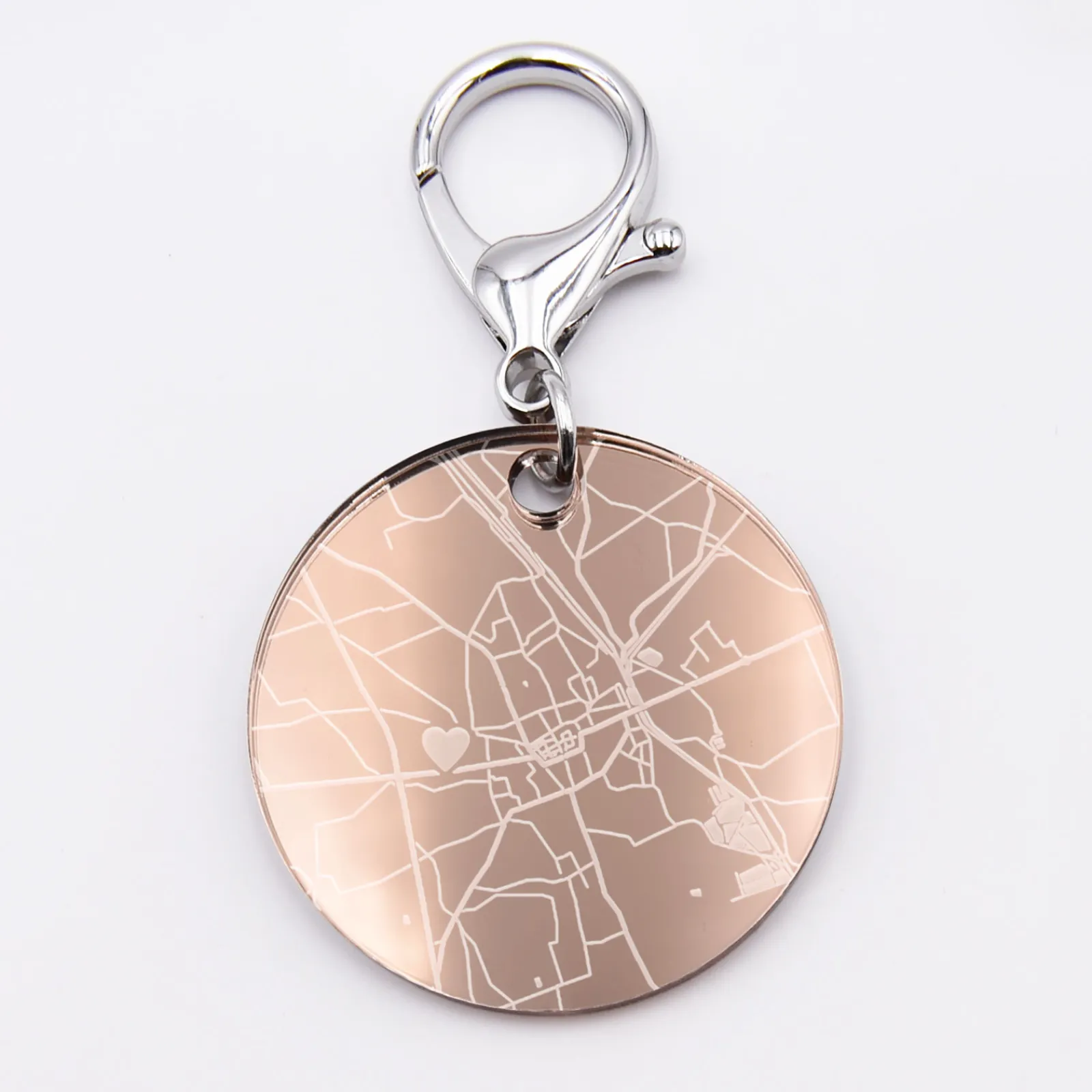 Sale HappyBulle Porte-clés personnalisé gravé acrylique gold médaille ronde 50 mm "Géo map" Miroir rose