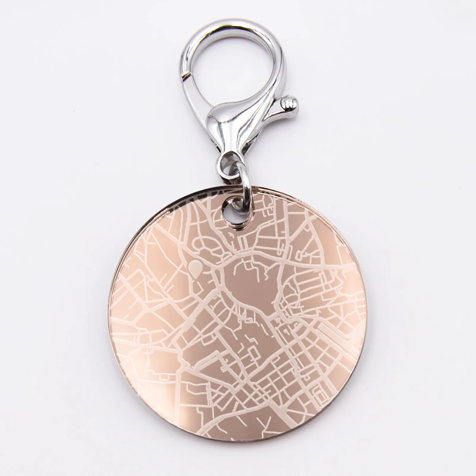 Sale HappyBulle Porte-clés personnalisé gravé acrylique gold médaille ronde 50 mm "Géo map" Miroir rose