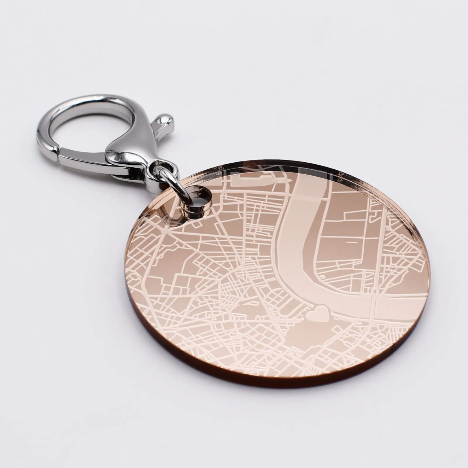 Sale HappyBulle Porte-clés personnalisé gravé acrylique gold médaille ronde 50 mm "Géo map" Miroir rose