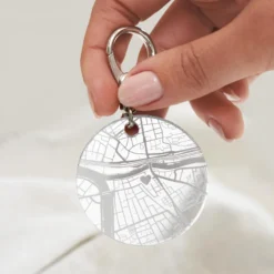 Sale HappyBulle Porte-clés personnalisé gravé acrylique argent médaille ronde 50 mm "Geo map" Miroir