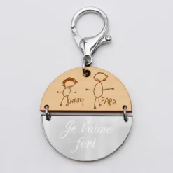 HappyBulle Porte-clés personnalisé gravé bi-matière bois et acrylique miroir 50 mm