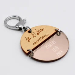 HappyBulle Porte-clés personnalisé gravé bi-matière bois et acrylique miroir 50 mm