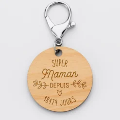 Sale HappyBulle Porte-clés personnalisé gravé bois médaille ronde 50 mm - "Super depuis" Maman