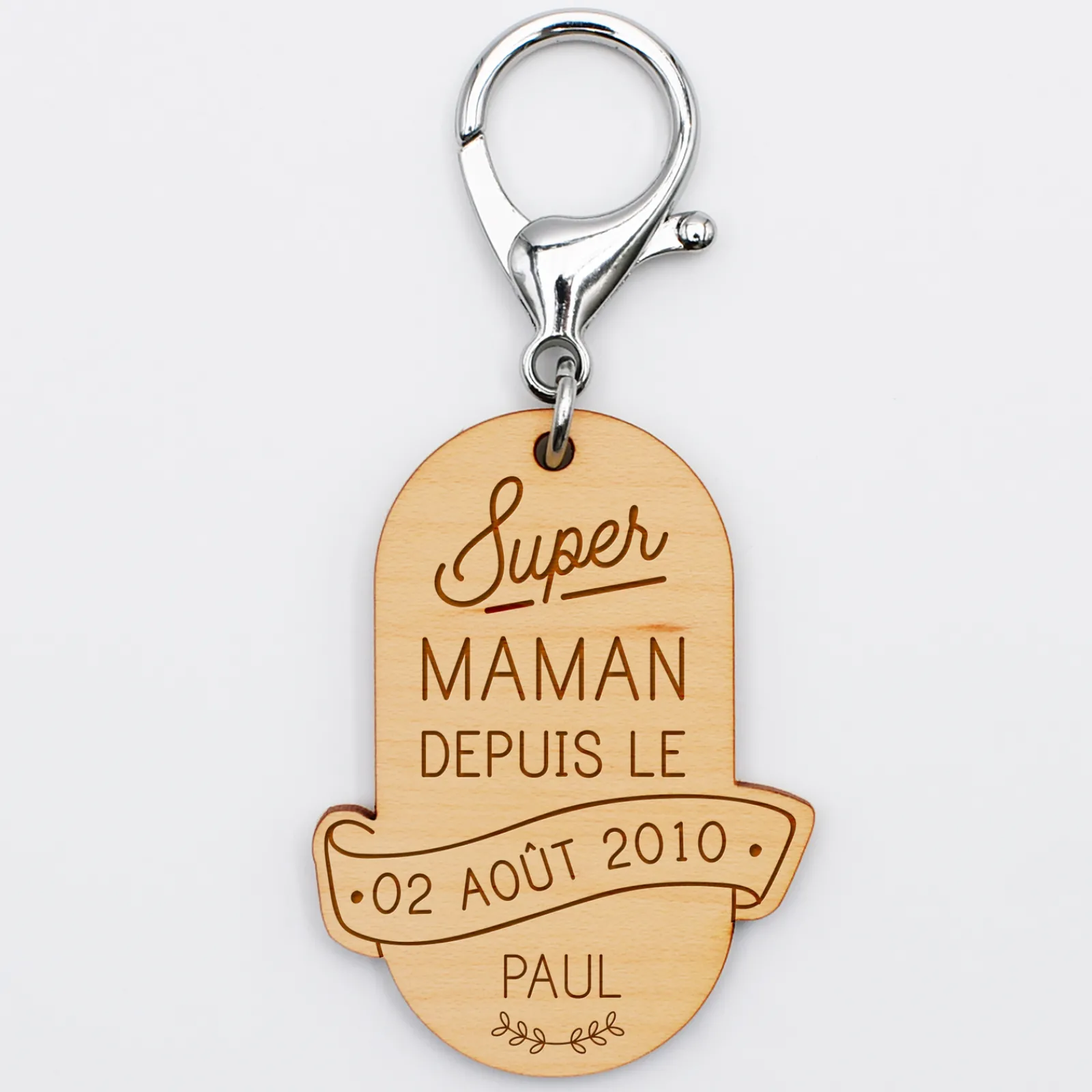 Discount HappyBulle Porte-clés personnalisé gravé bois médaille ovale 58x43 mm - "Super maman depuis"
