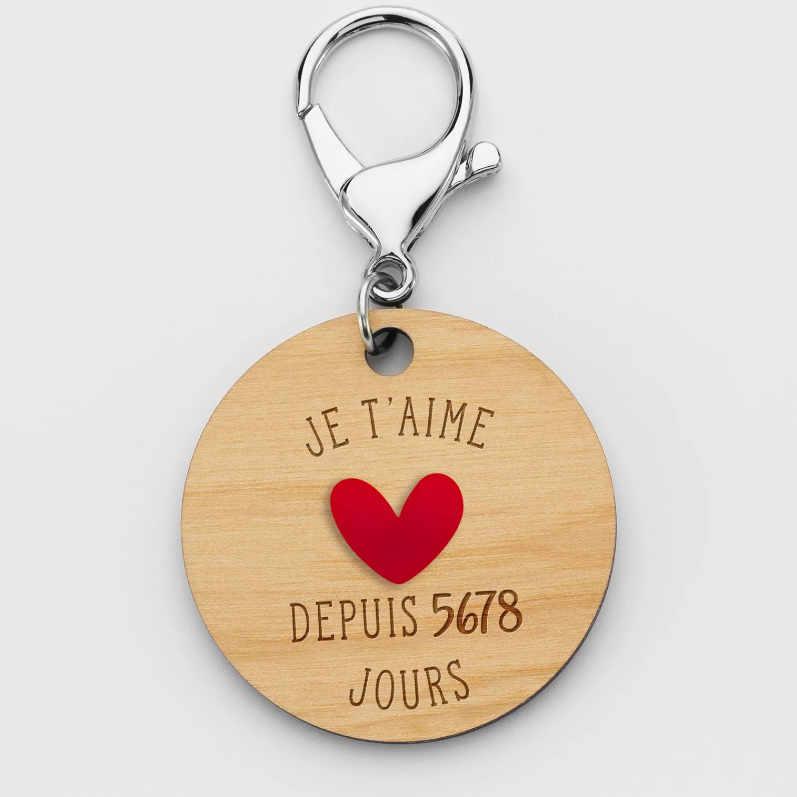 Clearance HappyBulle Porte-clés personnalisé gravé bois médaille 50 mm "Je t'aime depuis..." et coeur acrylique rouge