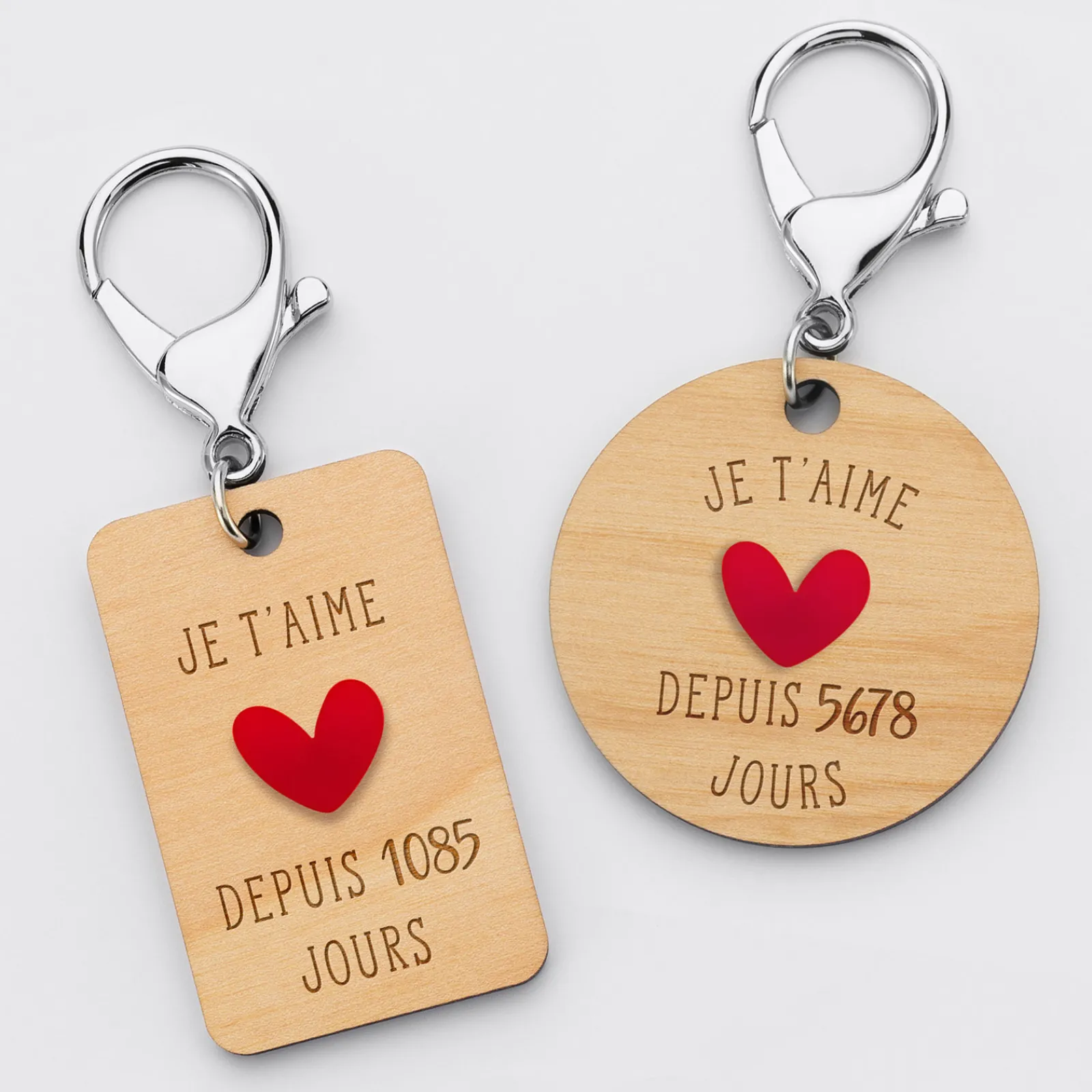 Clearance HappyBulle Porte-clés personnalisé gravé bois médaille 50 mm "Je t'aime depuis..." et coeur acrylique rouge