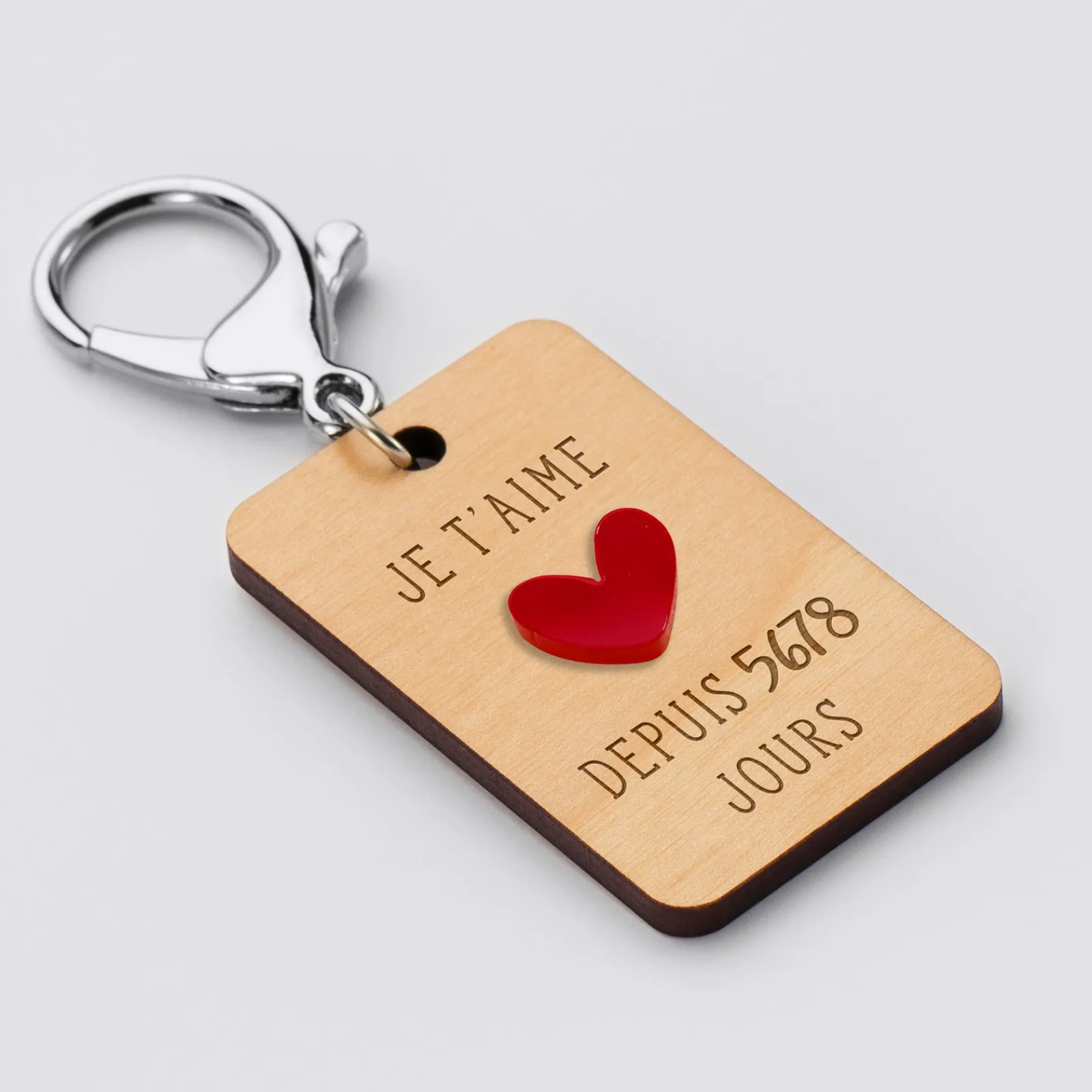 Clearance HappyBulle Porte-clés personnalisé gravé bois médaille 50 mm "Je t'aime depuis..." et coeur acrylique rouge