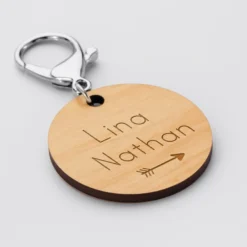 Sale HappyBulle Porte-clés personnalisé gravé bois médaille ronde 50 mm