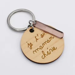 Outlet HappyBulle Porte-clés personnalisé gravé bois médaille ronde 50 mm et breloque acrylique miroir 40x8 mm