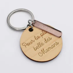 Outlet HappyBulle Porte-clés personnalisé gravé bois médaille ronde 50 mm et breloque acrylique miroir 40x8 mm