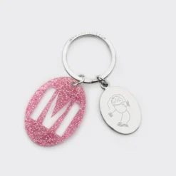 Hot HappyBulle Porte-clés personnalisé médaille gravée ovale acier et breloque initiale acrylique Pailleté rose
