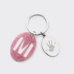 Hot HappyBulle Porte-clés personnalisé médaille gravée ovale acier et breloque initiale acrylique Pailleté rose