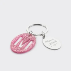 Hot HappyBulle Porte-clés personnalisé médaille gravée ovale acier et breloque initiale acrylique Pailleté rose