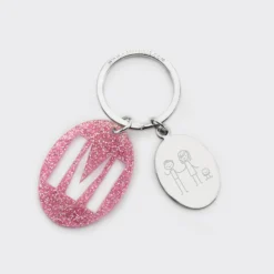 Hot HappyBulle Porte-clés personnalisé médaille gravée ovale acier et breloque initiale acrylique Pailleté rose