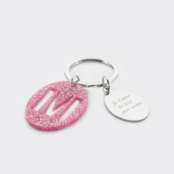 Hot HappyBulle Porte-clés personnalisé médaille gravée ovale acier et breloque initiale acrylique Pailleté rose
