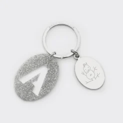 HappyBulle Porte-clés personnalisé médaille gravée ovale acier et breloque initiale acrylique é Pailleté argent