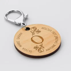 HappyBulle Porte-clés personnalisé médaille gravée bois ronde 50mm Initiale Florale