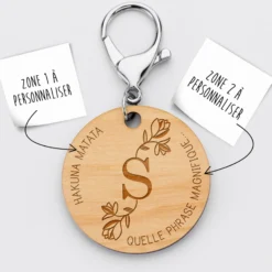 HappyBulle Porte-clés personnalisé médaille gravée bois ronde 50mm Initiale Florale