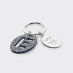 New HappyBulle Porte-clés personnalisé médaille gravée ovale acier et breloque initiale acrylique Pailleté bleu nuit
