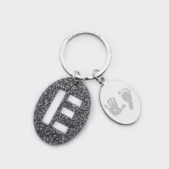 New HappyBulle Porte-clés personnalisé médaille gravée ovale acier et breloque initiale acrylique Pailleté bleu nuit