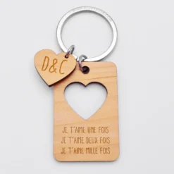 New HappyBulle Porte-clés personnalisé médaille gravée bois rectangle 55x35 mm "coeur double"