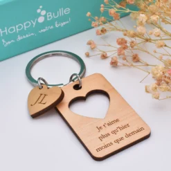 New HappyBulle Porte-clés personnalisé médaille gravée bois rectangle 55x35 mm "coeur double"