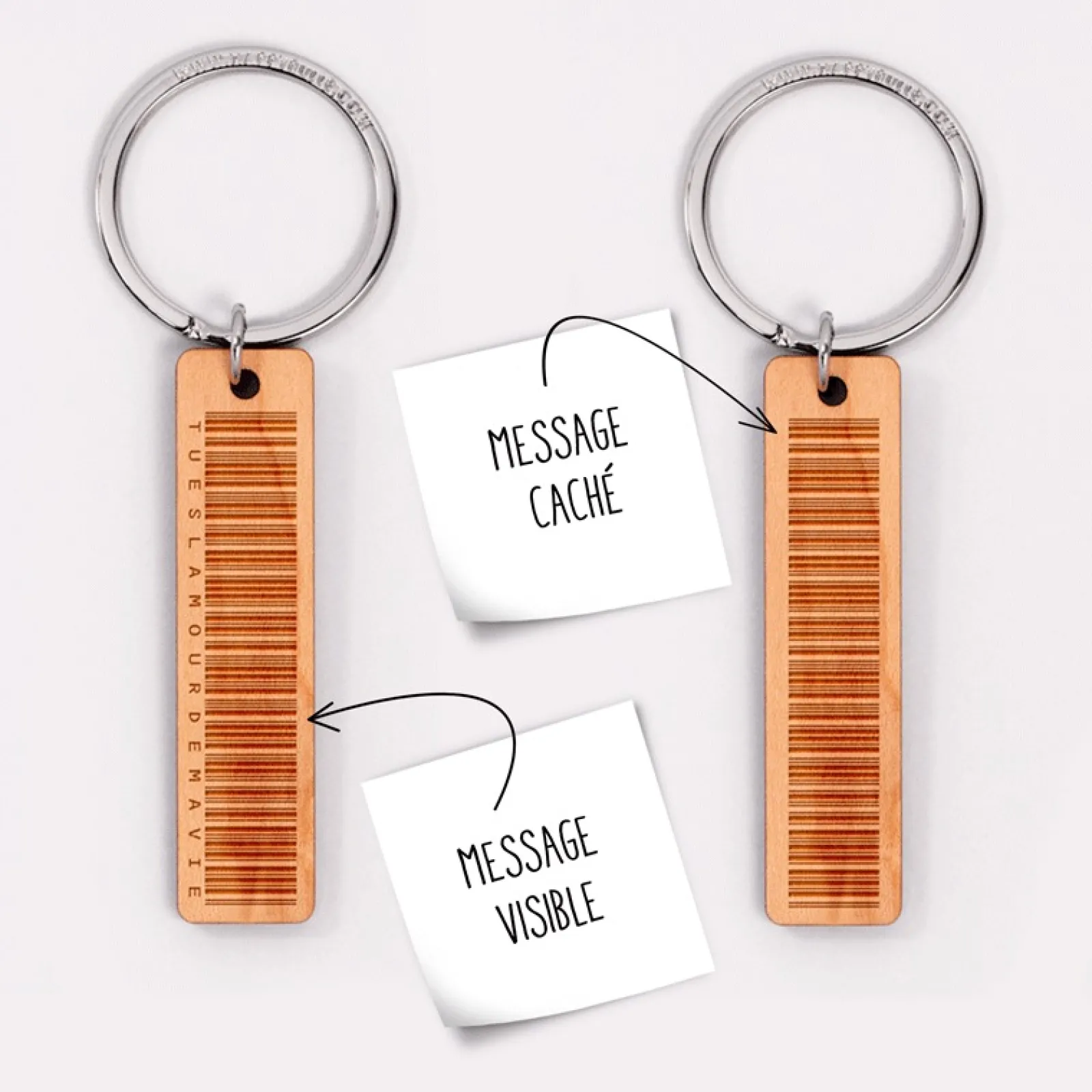 Online HappyBulle Porte-clés personnalisé "message codé" médaille gravée bois plaque 16x66 mm