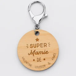 Clearance HappyBulle Porte-clés personnalisé prénoms médaille gravée bois ronde 50 mm "Super Mamie"