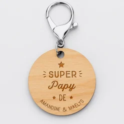 Clearance HappyBulle Porte-clés personnalisé prénoms médaille gravée bois ronde 50 mm "Super Papy"