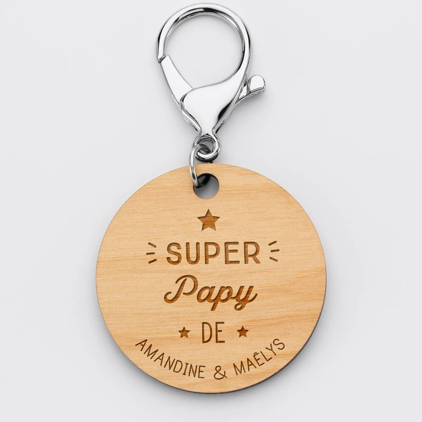 Clearance HappyBulle Porte-clés personnalisé prénoms médaille gravée bois ronde 50 mm "Super Papy"
