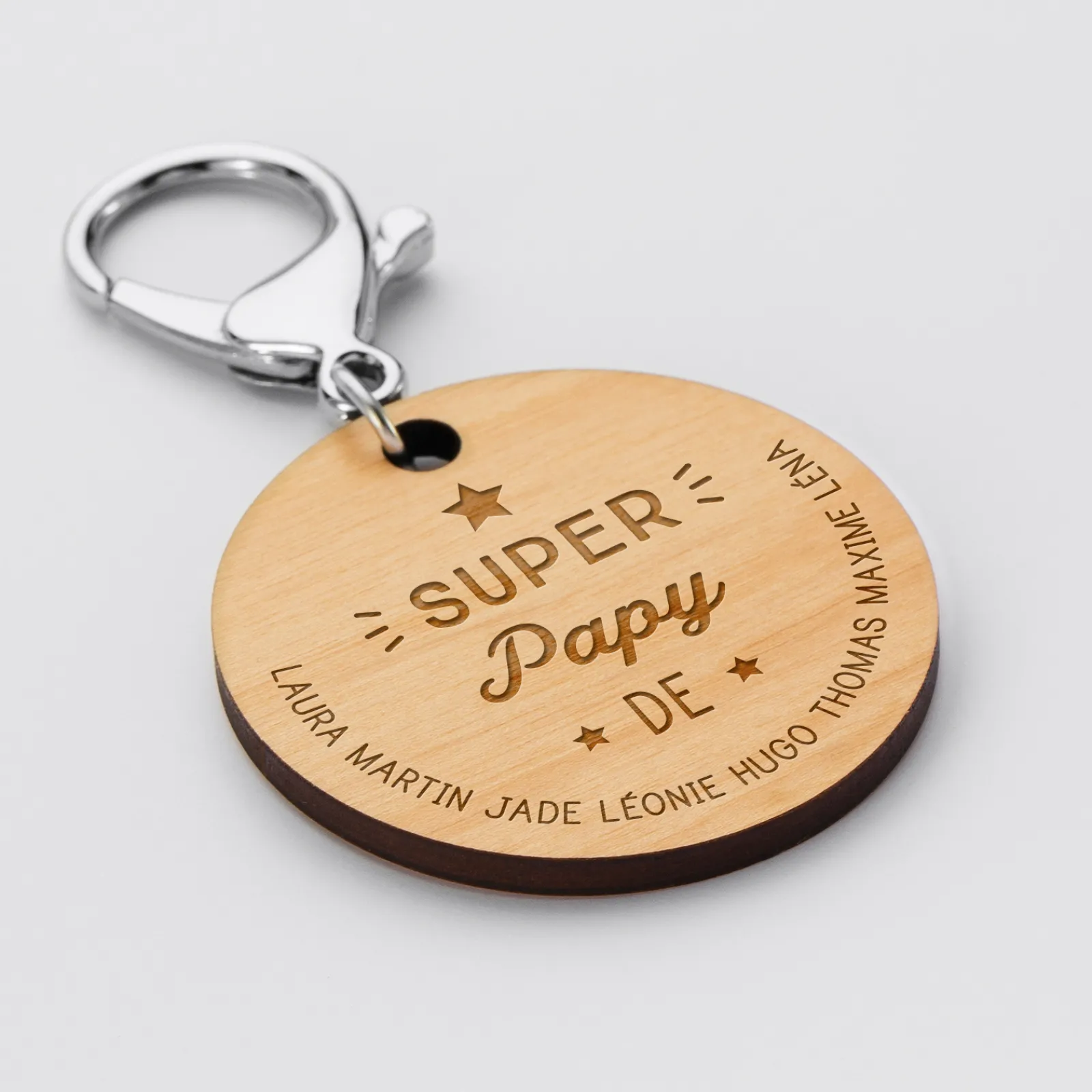 Clearance HappyBulle Porte-clés personnalisé prénoms médaille gravée bois ronde 50 mm "Super Papy"