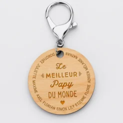 New HappyBulle Porte-clés personnalisé prénoms médaille gravée bois ronde 50 mm "Le meilleur Papy du monde"